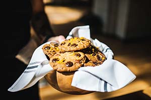 chocolate chip cookies on napkin in bowl
